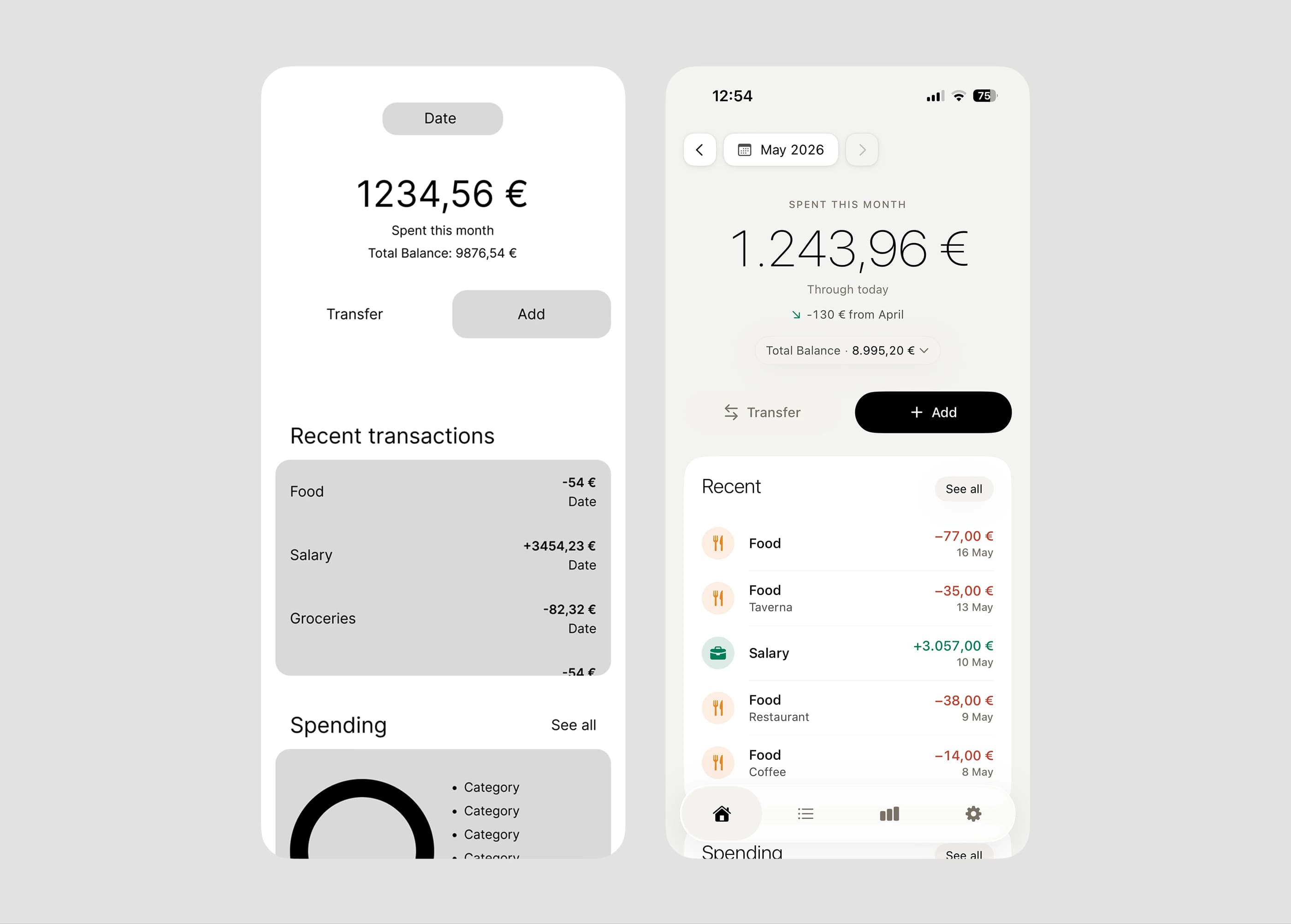 Side-by-side comparison: a gray-box Figma wireframe of an expense tracker on the left, and the actual SwiftUI prototype running on iPhone on the right.