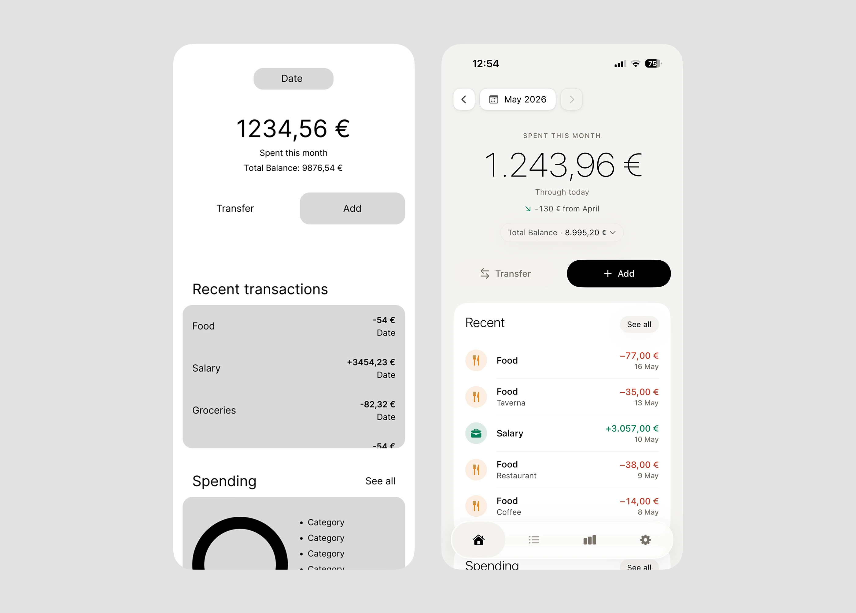 Side-by-side comparison: a gray-box Figma wireframe of an expense tracker on the left, and the actual SwiftUI prototype running on iPhone on the right.