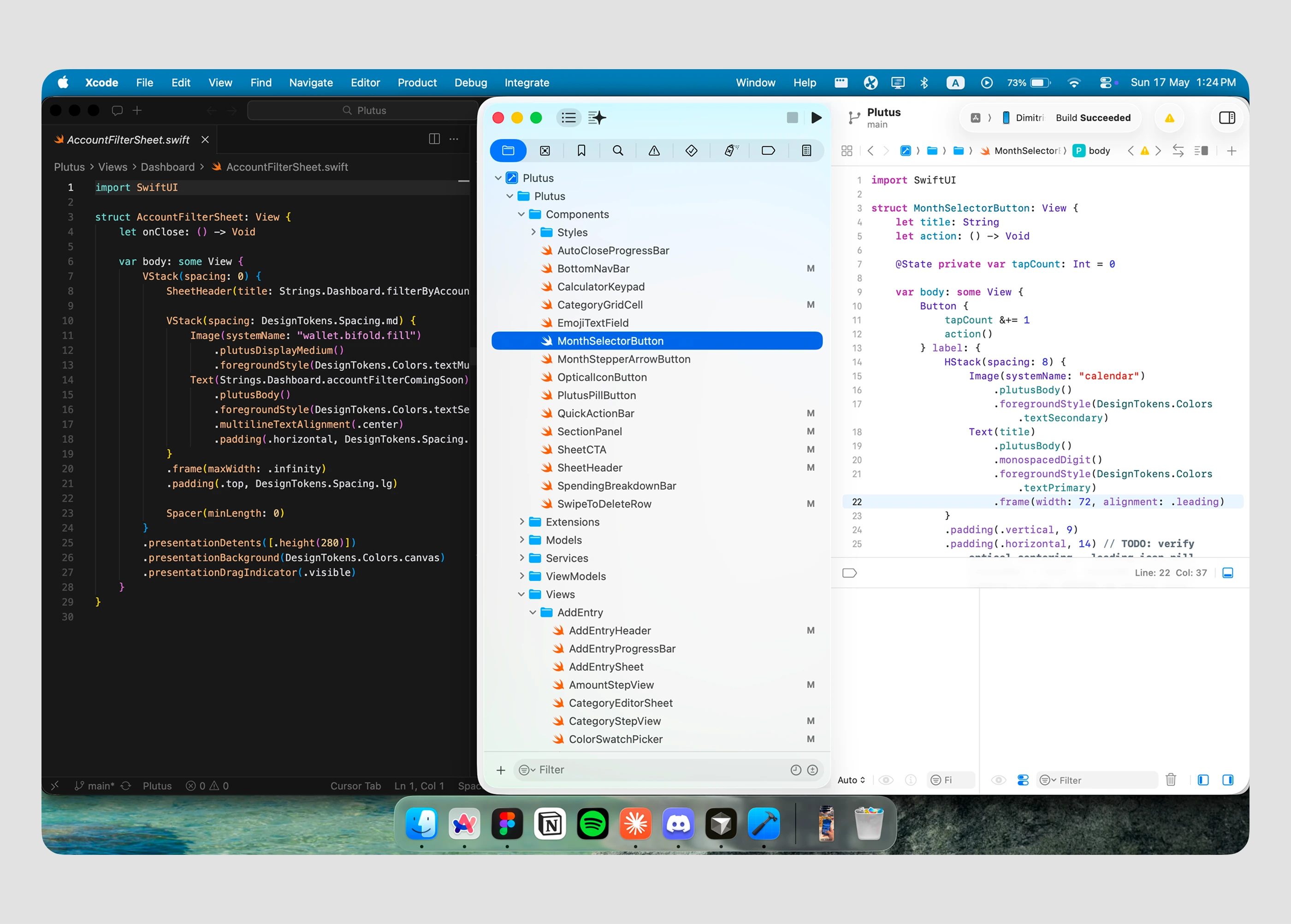 Xcode workspace showing the Plutus project structure. The file tree lists Components, Models, Services, ViewModels, and Views folders. The MonthSelectorButton SwiftUI file is open on the right.